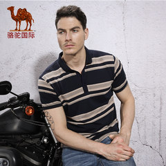 骆驼 夏季新款时尚条纹商务休闲修身翻领纯棉微弹舒适短袖T恤男