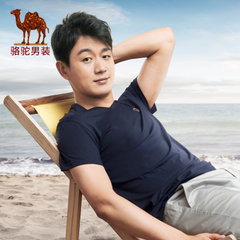 骆驼 夏款青年V领纯色短袖T恤衫青春流行徽章男士t恤