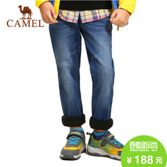 camel/骆驼户外儿童加绒长裤弹力腰猫须磨白中腰牛仔裤