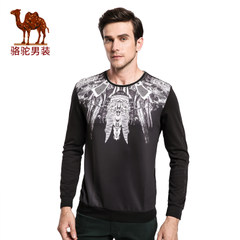 骆驼&熊猫联名系列男装 时尚圆领青年动物图案修身长袖T恤衫潮男