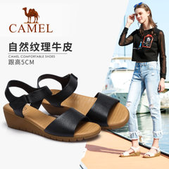Camel/骆驼女鞋 2018夏季新款坡跟凉鞋简约优雅牛皮魔术贴女凉鞋