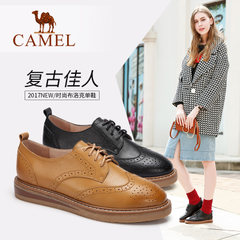 Camel/骆驼女鞋2017秋季新款简约英伦雕花布洛克深口单鞋平底女鞋