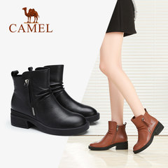 Camel/骆驼女靴圆头2017秋冬新款休闲女鞋保暖加绒简约高帮休闲靴