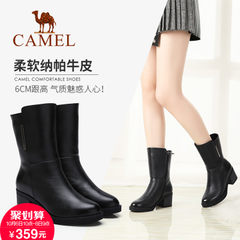 Camel/骆驼女鞋2017秋冬潮流舒适牛皮粗高跟中筒日常休闲鞋休闲靴