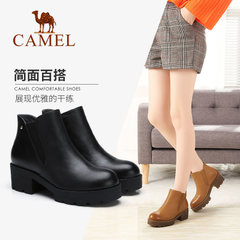 Camel/骆驼女靴2017秋冬单靴英伦风圆头中跟时装靴女舒适休闲短靴
