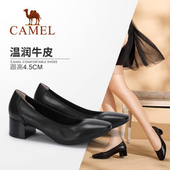 骆驼女鞋 2018春季新品 真皮粗跟单鞋女简约舒适浅口中跟护士鞋子