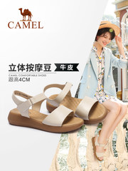 骆驼女鞋 2018夏季新品 真皮凉鞋女平底百搭鞋舒适一字魔术贴凉鞋