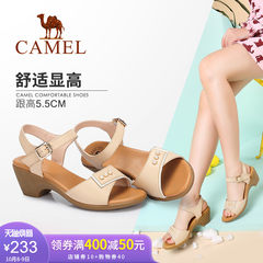 Camel/骆驼女鞋 2018夏季新品 时尚优雅一字扣珠饰气质粗跟凉鞋