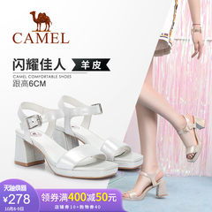 Camel/骆驼女鞋 2018夏季新品时尚优雅布纹羊皮扣带摩登高跟凉鞋