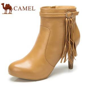 camel骆驼 短靴 女 羊皮侧拉链超高跟流苏短靴 2013新品 81194613
