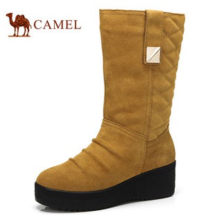 Camel骆驼女靴 2013冬季新款正品保暖绒里防水厚底坡跟中筒靴潮