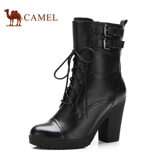 camel骆驼 中筒靴 女 2013冬季新品 牛皮超高跟粗跟女靴81136604