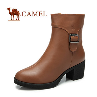 camel 骆驼女靴秋冬真皮牛皮女士皮靴高跟女中筒靴拉链潮流骑士靴