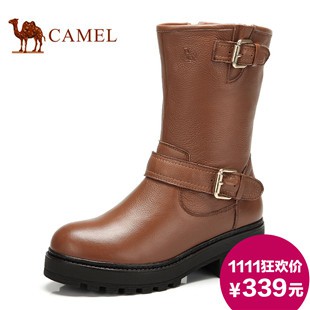 camel 骆驼女靴牛皮中筒靴皮带扣时尚侧拉链时装靴潮