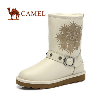 camel 骆驼女靴真皮牛皮冬靴套筒棉靴雪地靴女士皮靴毛绒中筒靴