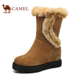 camel骆驼女靴磨砂牛皮兔毛装饰保暖中筒靴2013冬季新款内增高
