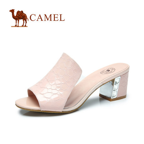 聚Camel骆驼女鞋 牛漆皮电镀水晶跟高跟女凉拖鞋 2014春季新款