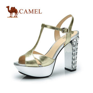 预售camel 骆驼女鞋 牛皮优雅清凉露趾鱼嘴超高跟凉鞋 2014新款