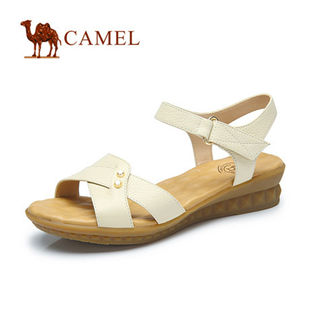 Camel骆驼女鞋 春夏新款正品 牛皮按摩底坡跟露趾魔术贴女凉鞋