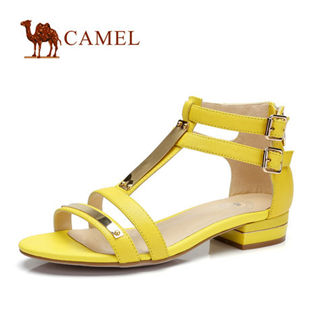 预售Camel 骆驼 2014新款牛皮细带低跟双扣带金属女凉鞋