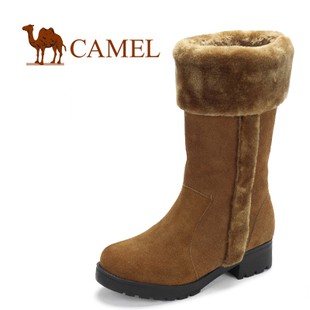 【品牌团】聚 Camel骆驼牛皮中筒女靴 厚绒里保暖雪地靴 0090521