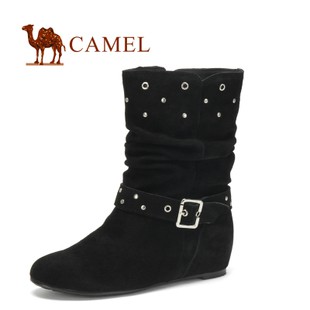 Camel骆驼正品女鞋 内增高女靴 时尚休闲铆钉皮带扣高筒靴0278832