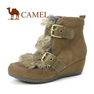 CAMEL骆驼 新品 女鞋子 欧美大牌毛绒女短靴 坡跟单靴 套筒女鞋