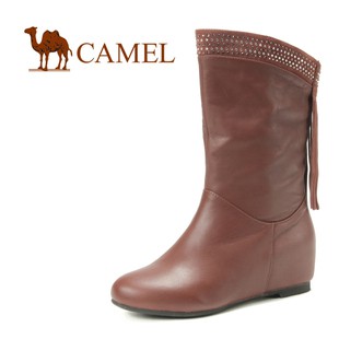 Camel骆驼正品 女靴子 真皮流苏靴 水钻内增高筒靴 套筒冬靴