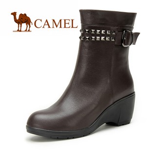 CAMEL 骆驼 女靴 真皮 中筒靴 简约时尚坡跟 秋冬新款1050017