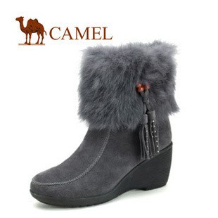 Camel骆驼正品女靴 2012新款高跟流苏靴子 兔毛坡跟 冬靴 1053006