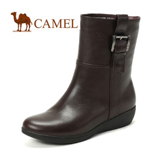 Camel骆驼 头层牛皮 5810323 坡跟时尚女靴 中筒靴 骆驼女鞋