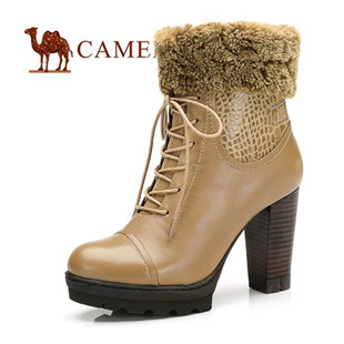 camel 骆驼 秋冬新品 欧美粗跟厚绒系带时尚女款短靴 81016600