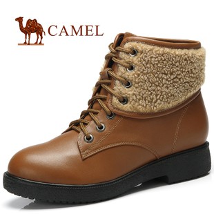 Camel骆驼 头层牛皮 时尚绒毛拼接高帮平底女靴 时尚短靴81050603