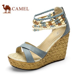 聚 Camel骆驼 牛皮超高跟女凉鞋 民族风彩色串珠坡跟凉鞋 新品