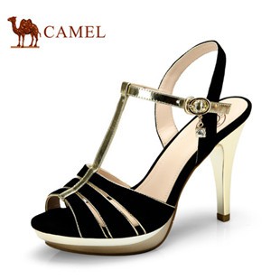 聚 camel骆驼 羊皮高跟精致女凉鞋 防水台细跟时尚露趾T型带女鞋